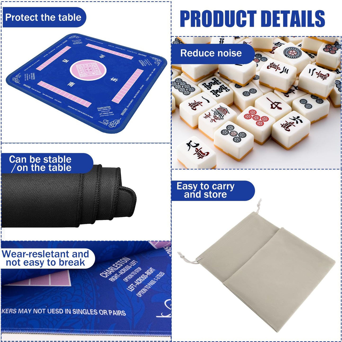 Mahjong Mat - Non-Slip Noise Reduction Gaming Mat 32.4x32.4 Inch